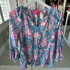 NWOT Lilly Pulitzer Willa flounce sleeve top/Pink Tropics Tint Tangerine Dream
